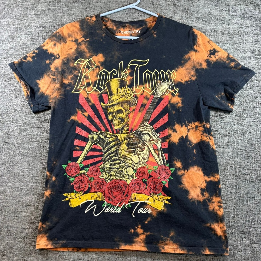 Chemistry Rock Tour T-Shirt Mens L Black Orange Tie Dye Skeleton Guitar Roses
